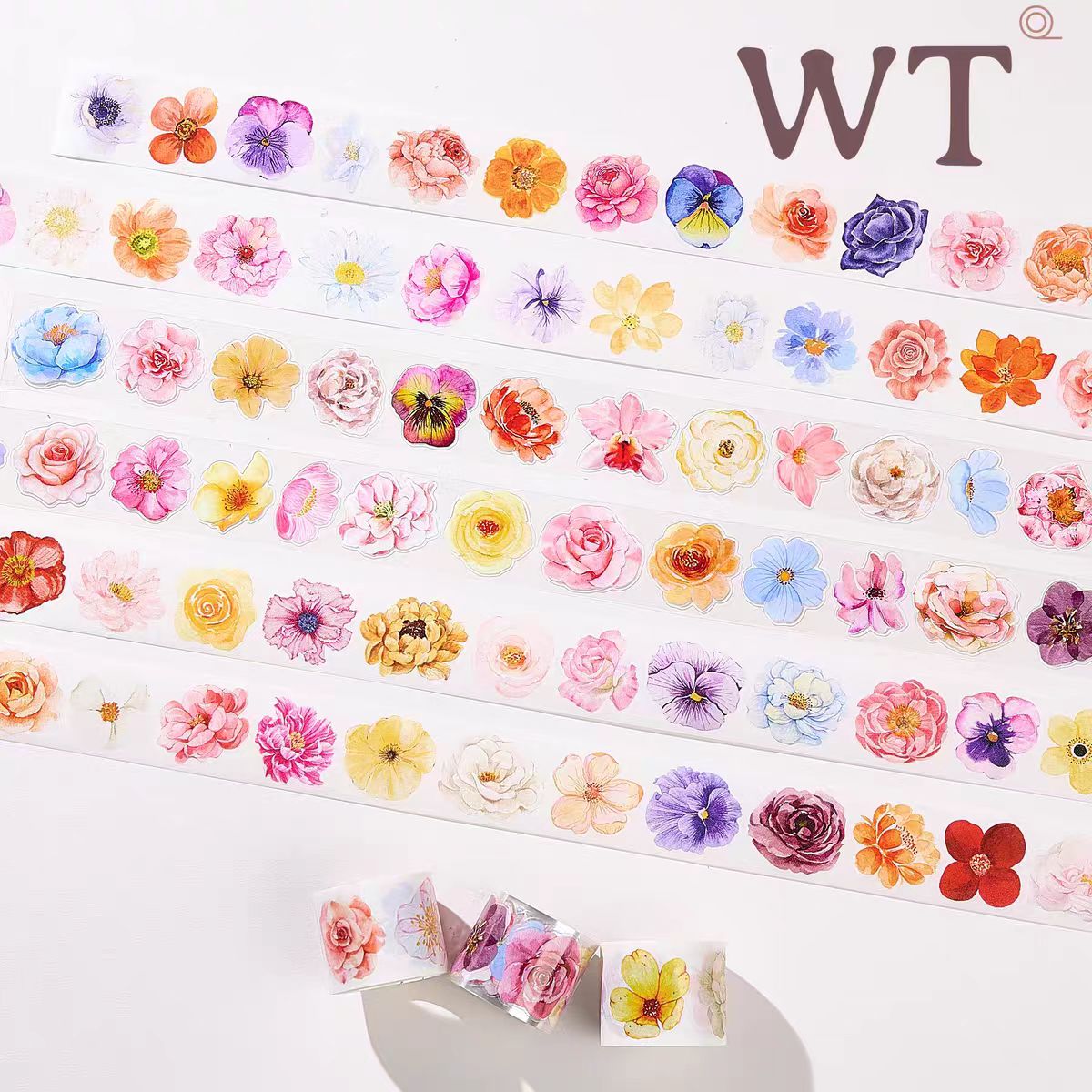 INS-stil pastelfarvet blomstermønster, præskåret PET-/washi-tape, dekorativ selvklæbende tape til scrapbooking, bullet journal, DIY-håndarbejde og gaveindpakning (3,5 cm * 5 m/rulle)