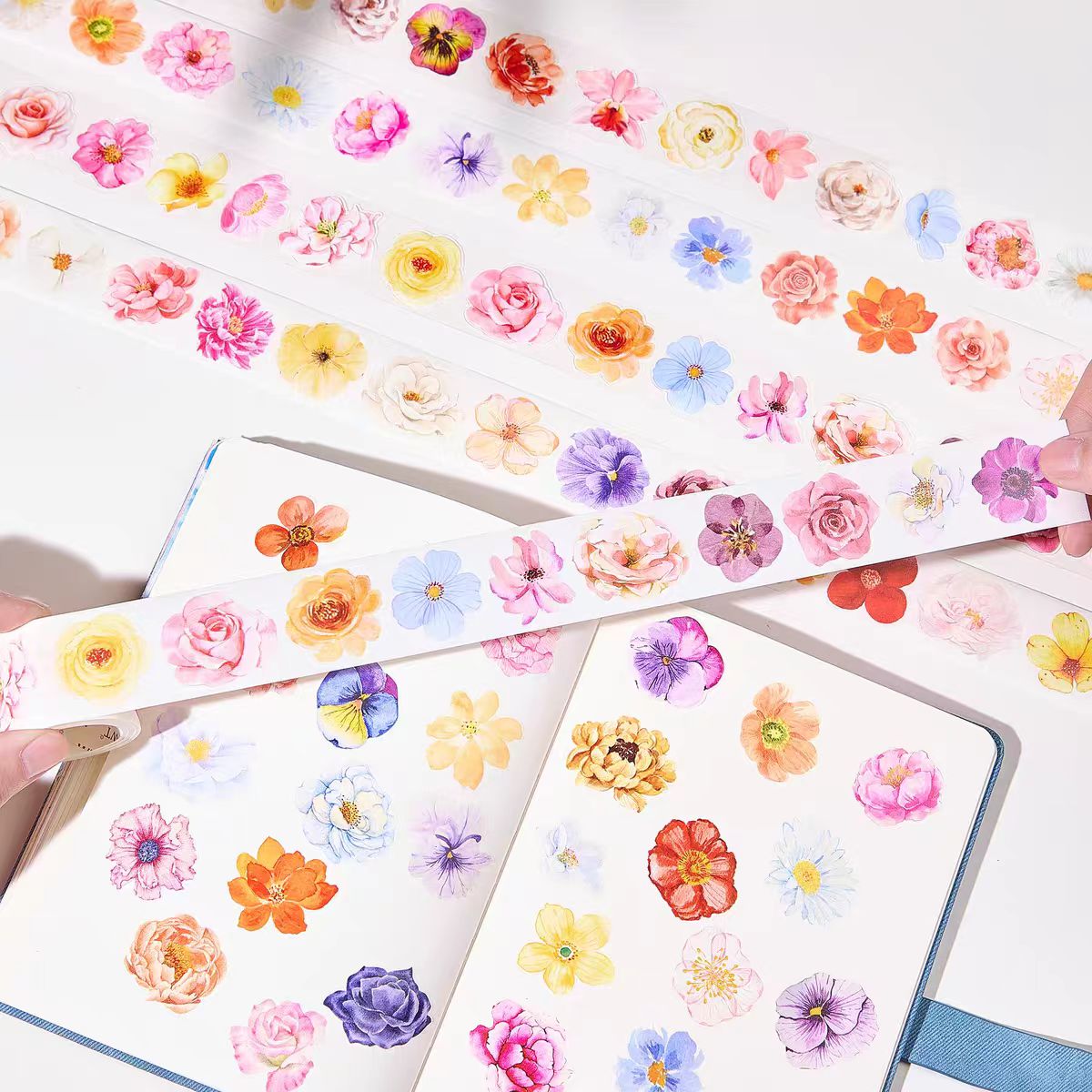 INS-stil pastelfarvet blomstermønster, præskåret PET-/washi-tape, dekorativ selvklæbende tape til scrapbooking, bullet journal, DIY-håndarbejde og gaveindpakning (3,5 cm * 5 m/rulle)