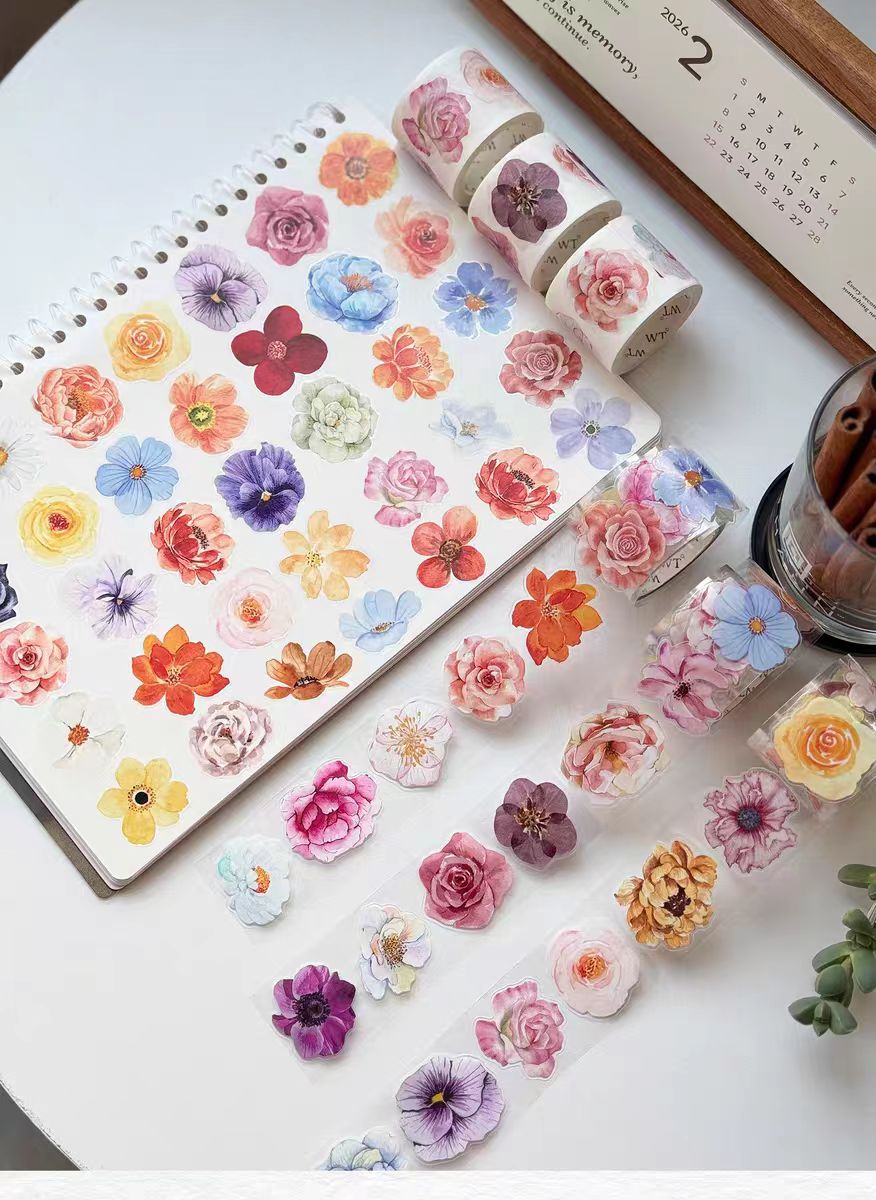 INS-stil pastelfarvet blomstermønster, præskåret PET-/washi-tape, dekorativ selvklæbende tape til scrapbooking, bullet journal, DIY-håndarbejde og gaveindpakning (3,5 cm * 5 m/rulle)