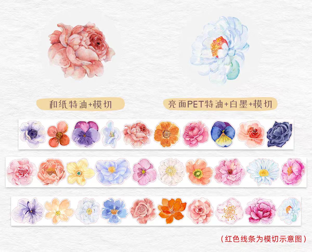 INS-stil pastelfarvet blomstermønster, præskåret PET-/washi-tape, dekorativ selvklæbende tape til scrapbooking, bullet journal, DIY-håndarbejde og gaveindpakning (3,5 cm * 5 m/rulle)