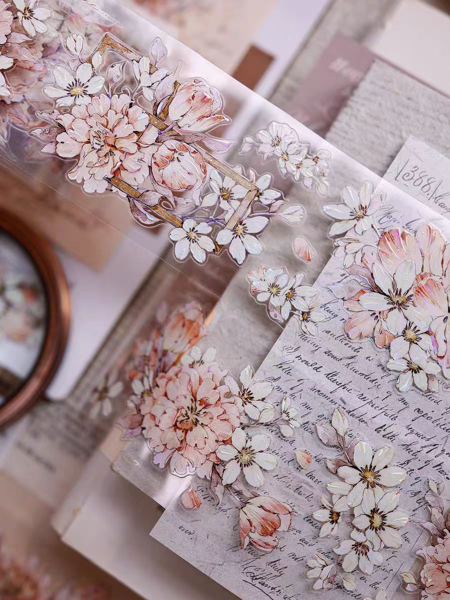 INS Style Pastel Flower Pre-Cut PET/ Washi Tape, Decorative Adhesive Tape for Scrapbooking, Bullet Journal, DIY Craft & Gift Wrapping (5.5cm*6m/roll)