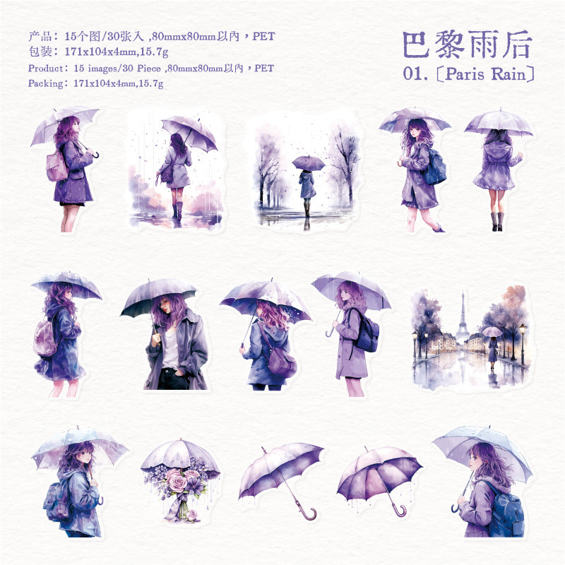 Journal sticker packs (Girl walking in the rain)