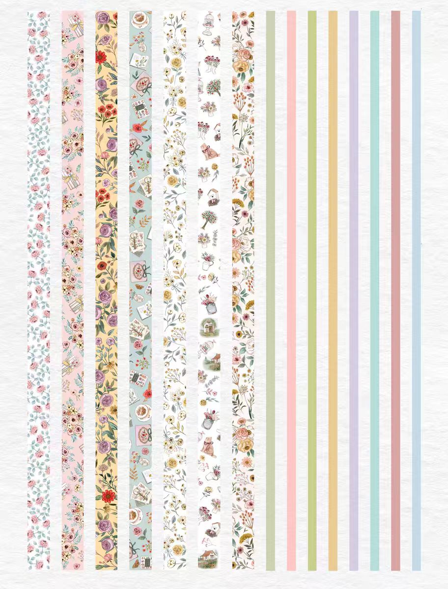 Journal Washi tape set (15 rolls/set) 1.2cm*5m*7 rolls & 0.3cm*5m*8 rolls