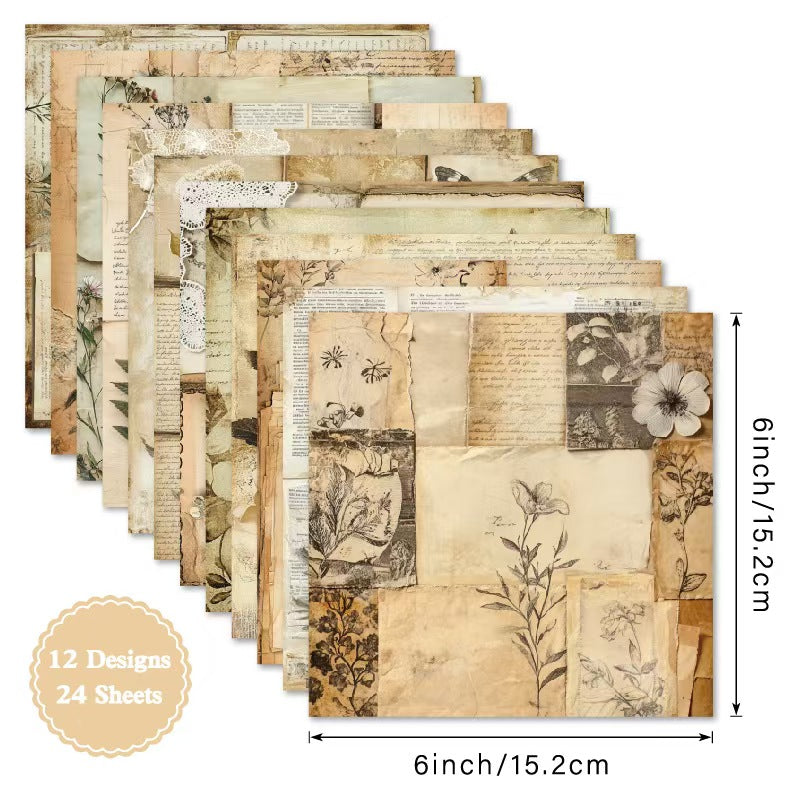 24 Sheets 6 Inch Aesthetic Pattern Paper Retro Material Paper For Scrapbooking Junk Journal Planner Supplies (24 sheets/pack)