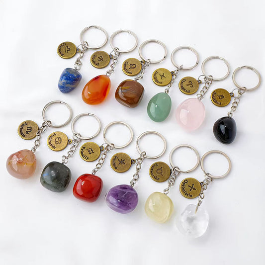 Natural Crystal Zodiac Key Pendant | 12 Zodiac Healing Stone Necklace
