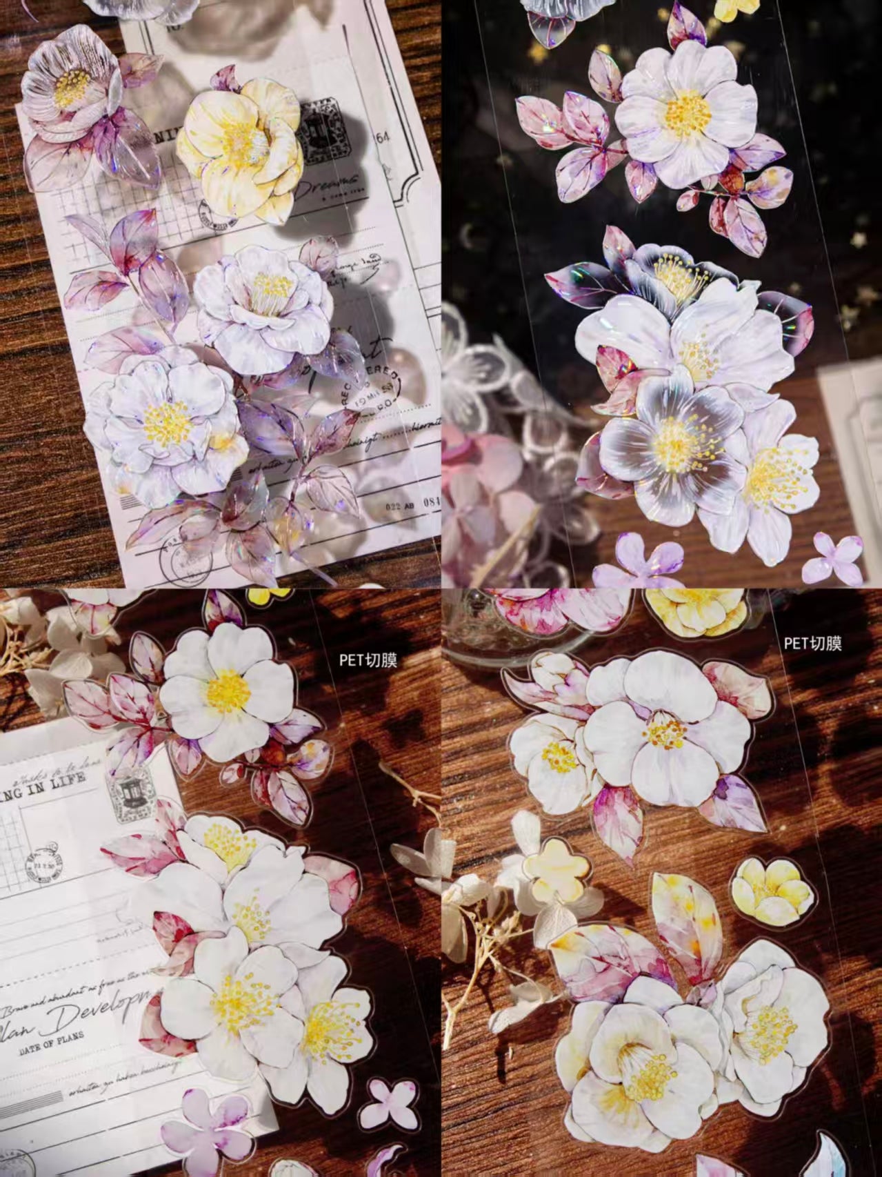 INS Style Pastel Flower Pre-Cut PET/ Washi Tape, Decorative Adhesive Tape for Scrapbooking, Bullet Journal, DIY Craft & Gift Wrapping