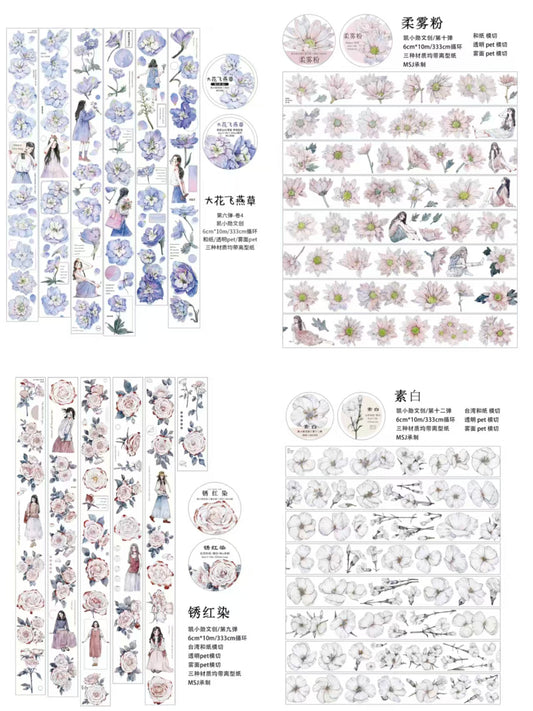 Floral & Character Washi/PET Tape for Journaling (10m/roll)