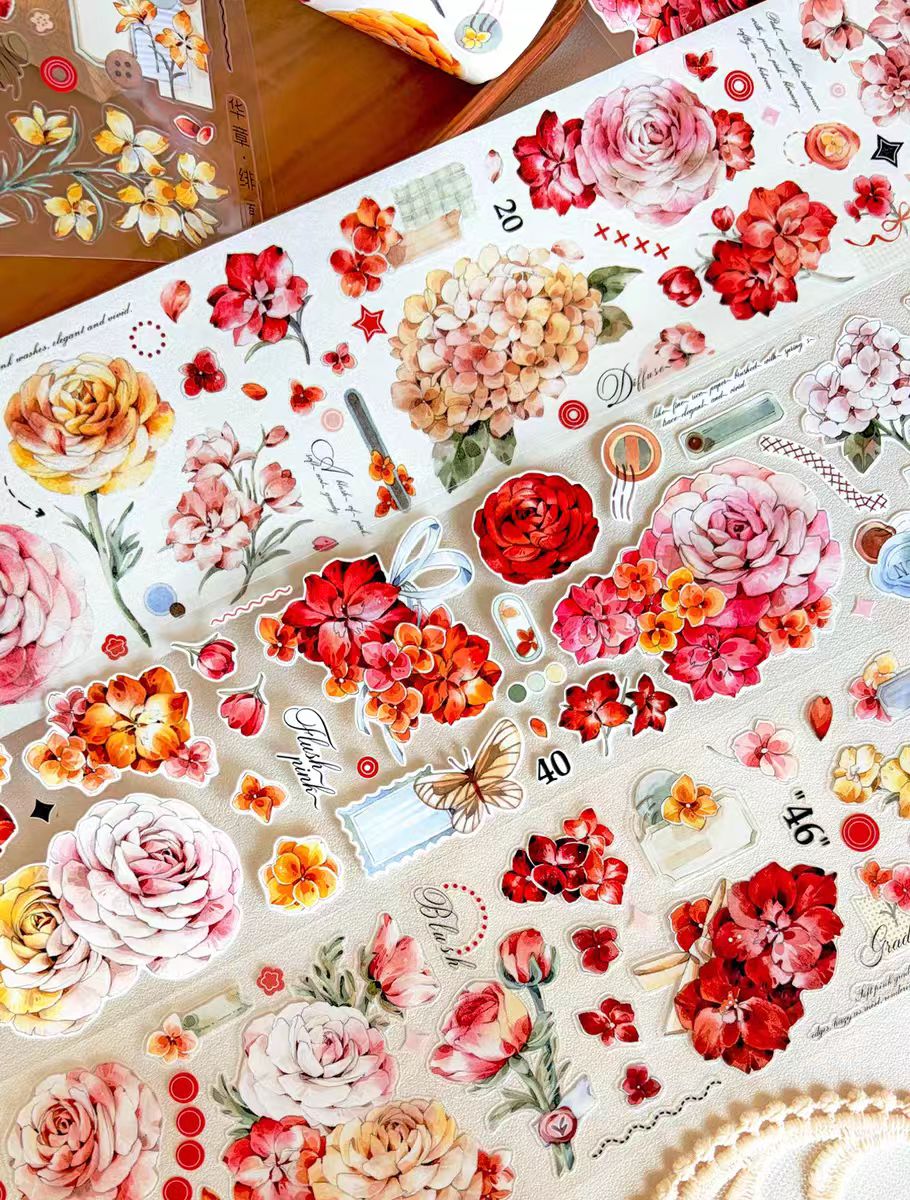 Die Cut Floral Washi/PET Tape, Plant & Flower Decorative Tape for Scrapbooking & Bullet Journal (6m/roll)
