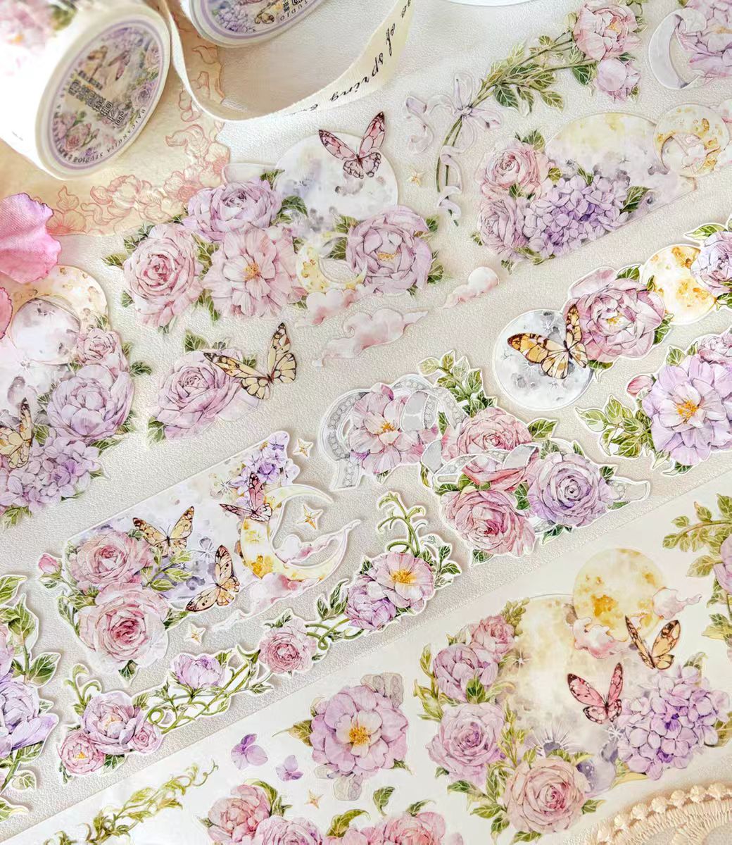 Die Cut Floral Washi/PET Tape, Plant & Flower Decorative Tape for Scrapbooking & Bullet Journal (6m/roll)