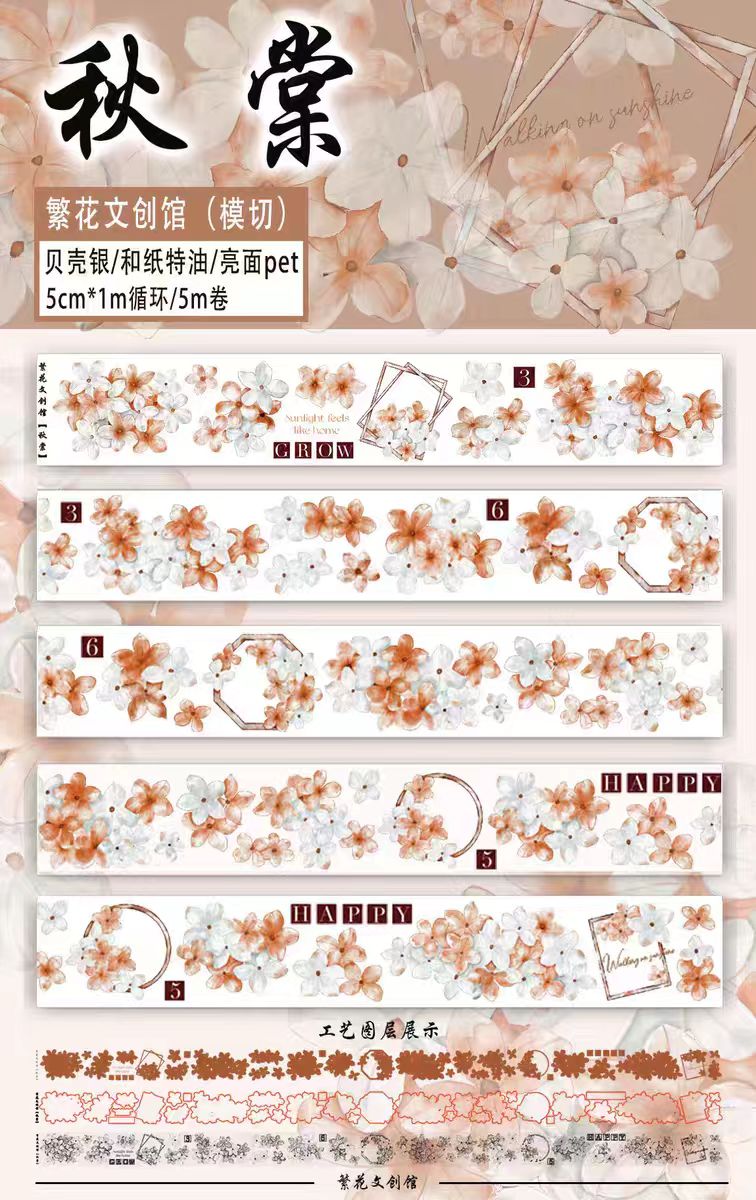 INS Style Pastel Flower Pre-Cut PET/ Washi Tape, Decorative Adhesive Tape for Scrapbooking, Bullet Journal, DIY Craft & Gift Wrapping (5cm*5m/roll)