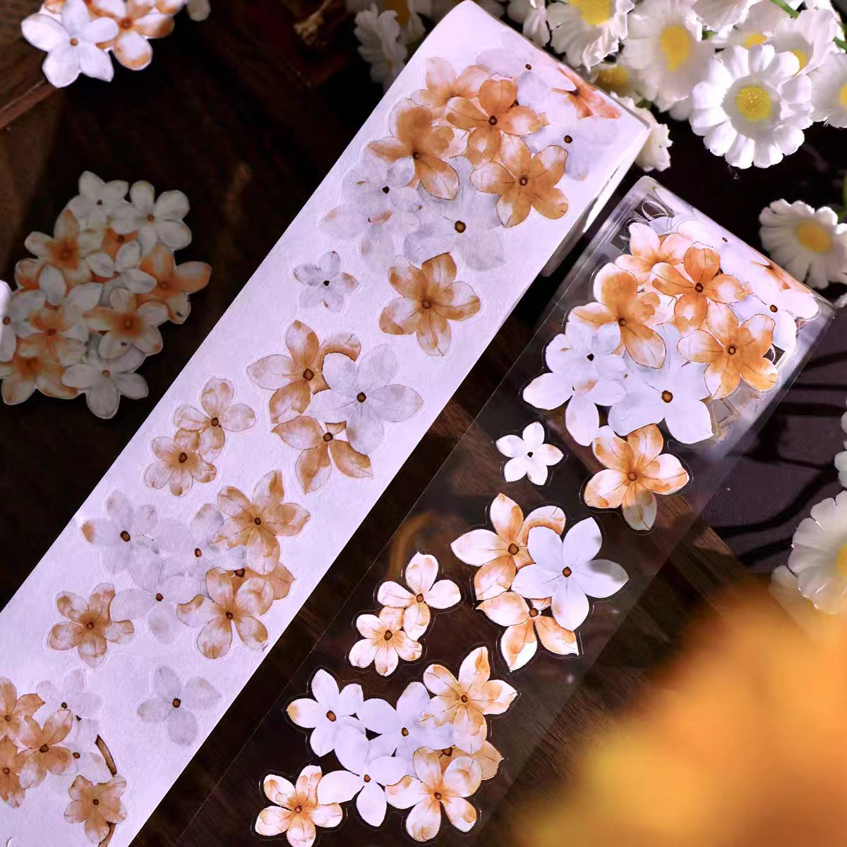 INS Style Pastel Flower Pre-Cut PET/ Washi Tape, Decorative Adhesive Tape for Scrapbooking, Bullet Journal, DIY Craft & Gift Wrapping (5cm*5m/roll)