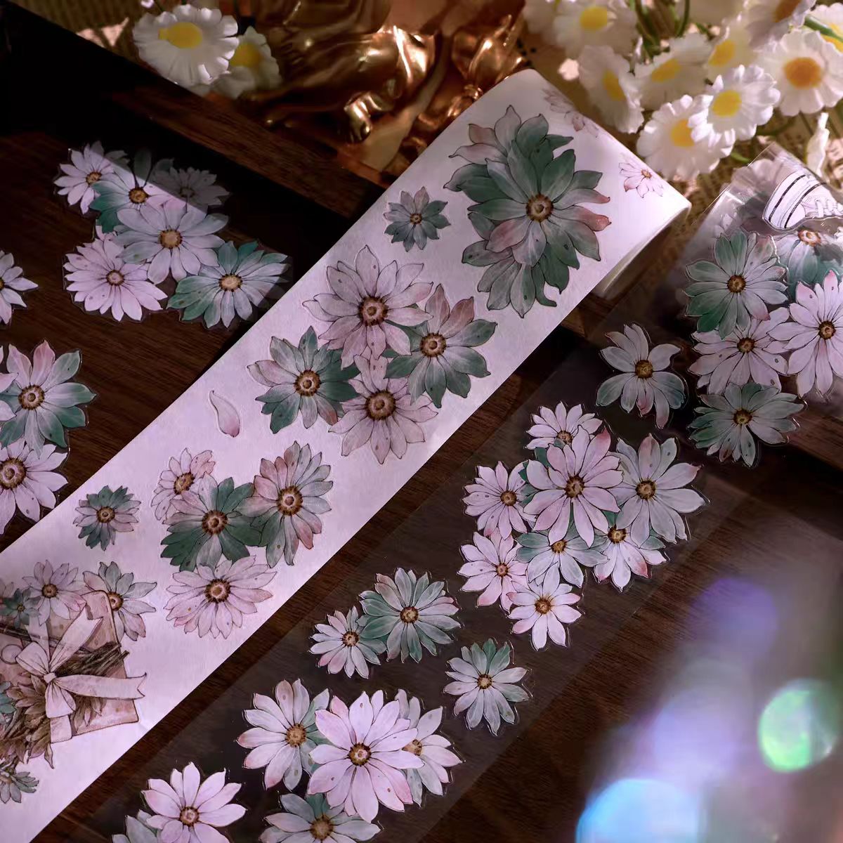 INS Style Pastel Flower Pre-Cut PET/ Washi Tape, Decorative Adhesive Tape for Scrapbooking, Bullet Journal, DIY Craft & Gift Wrapping (5cm*5m/roll)