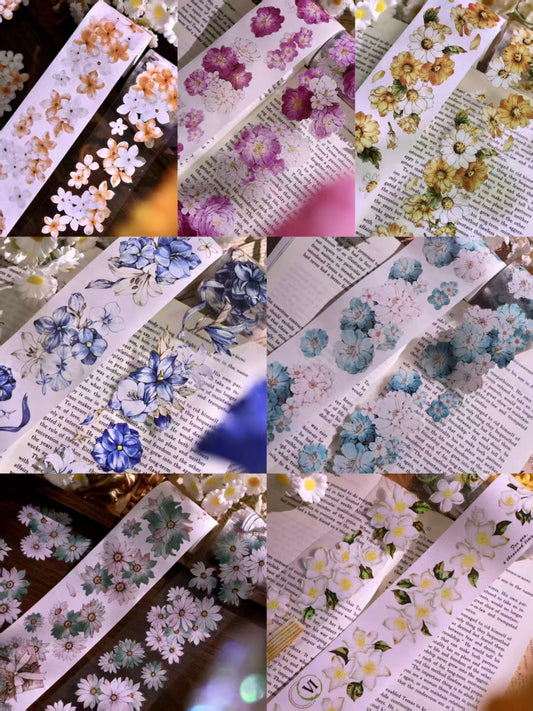 INS Style Pastel Flower Pre-Cut PET/ Washi Tape, Decorative Adhesive Tape for Scrapbooking, Bullet Journal, DIY Craft & Gift Wrapping (5cm*5m/roll)