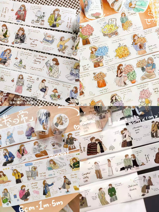 Cute Character Illustration Washi Tape - Minimalist Journal Decorative PET Tape (5m/roll)