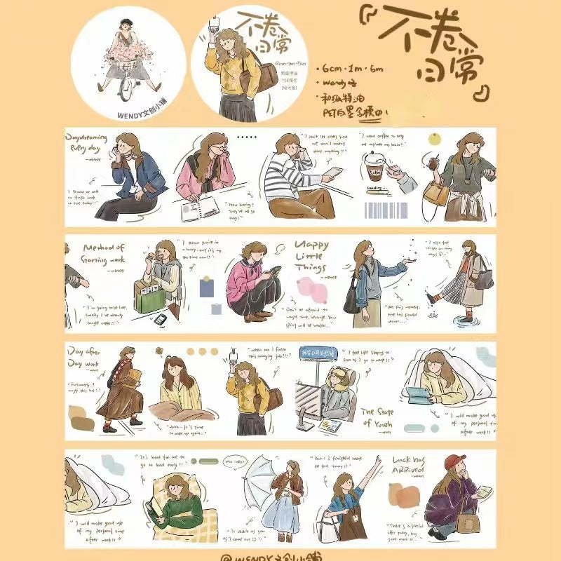 Cute Character Illustration Washi Tape - Minimalist Journal Decorative PET Tape (5m/roll)