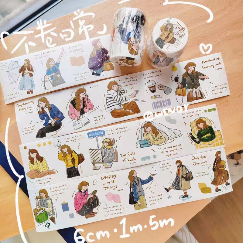 Cute Character Illustration Washi Tape - Minimalist Journal Decorative PET Tape (5m/roll)