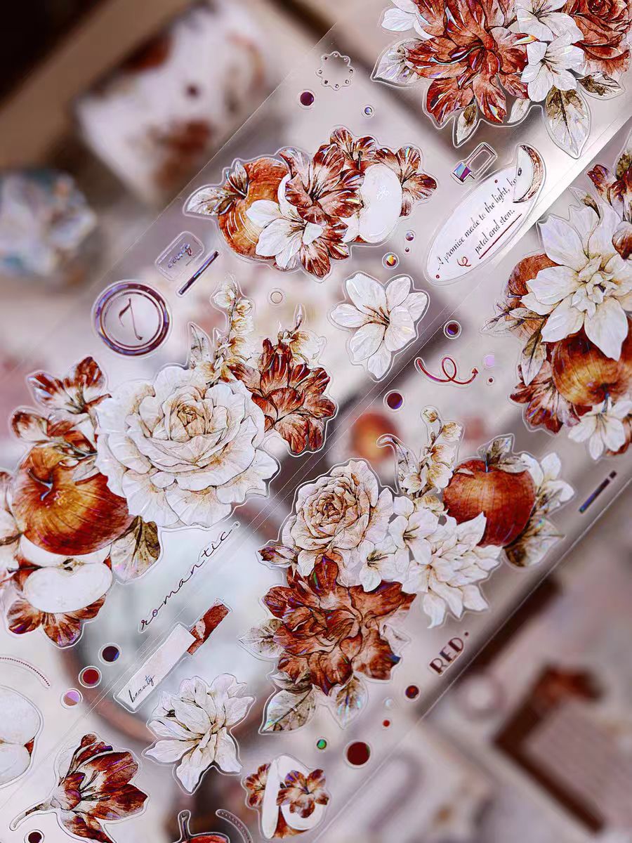 INS Style Pastel Flower Pre-Cut PET/ Washi Tape, Decorative Adhesive Tape for Scrapbooking, Bullet Journal, DIY Craft & Gift Wrapping (6cm*5m/roll)