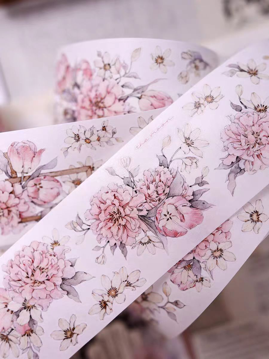 INS Style Pastel Flower Pre-Cut PET/ Washi Tape, Decorative Adhesive Tape for Scrapbooking, Bullet Journal, DIY Craft & Gift Wrapping (5.5cm*6m/roll)