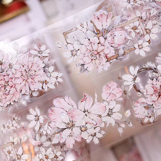 INS Style Pastel Flower Pre-Cut PET/ Washi Tape, Decorative Adhesive Tape for Scrapbooking, Bullet Journal, DIY Craft & Gift Wrapping (5.5cm*6m/roll)