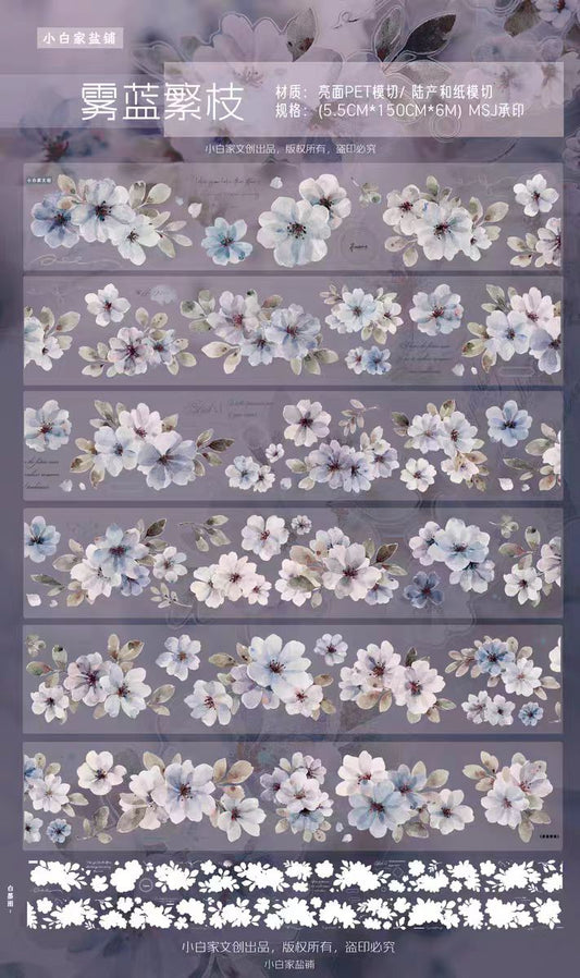 INS Style Pastel Flower Pre-Cut PET/ Washi Tape, Decorative Adhesive Tape for Scrapbooking, Bullet Journal, DIY Craft & Gift Wrapping (5.5cm*6m/roll)