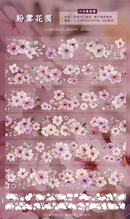 INS Style Pastel Flower Pre-Cut PET/ Washi Tape, Decorative Adhesive Tape for Scrapbooking, Bullet Journal, DIY Craft & Gift Wrapping (5.5cm*6m/roll)