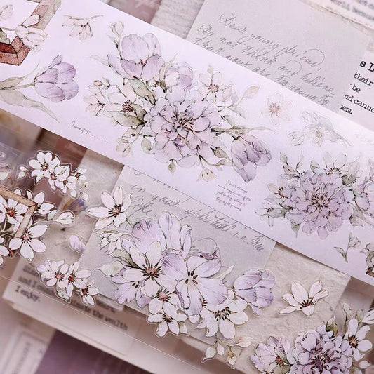 INS Style Pastel Flower Pre-Cut PET/ Washi Tape, Decorative Adhesive Tape for Scrapbooking, Bullet Journal, DIY Craft & Gift Wrapping (5.5cm*6m/roll)