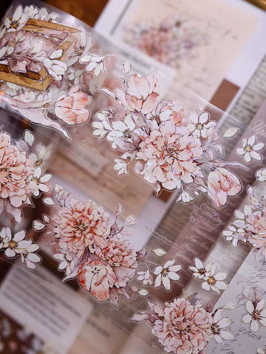 INS Style Pastel Flower Pre-Cut PET/ Washi Tape, Decorative Adhesive Tape for Scrapbooking, Bullet Journal, DIY Craft & Gift Wrapping (5.5cm*6m/roll)