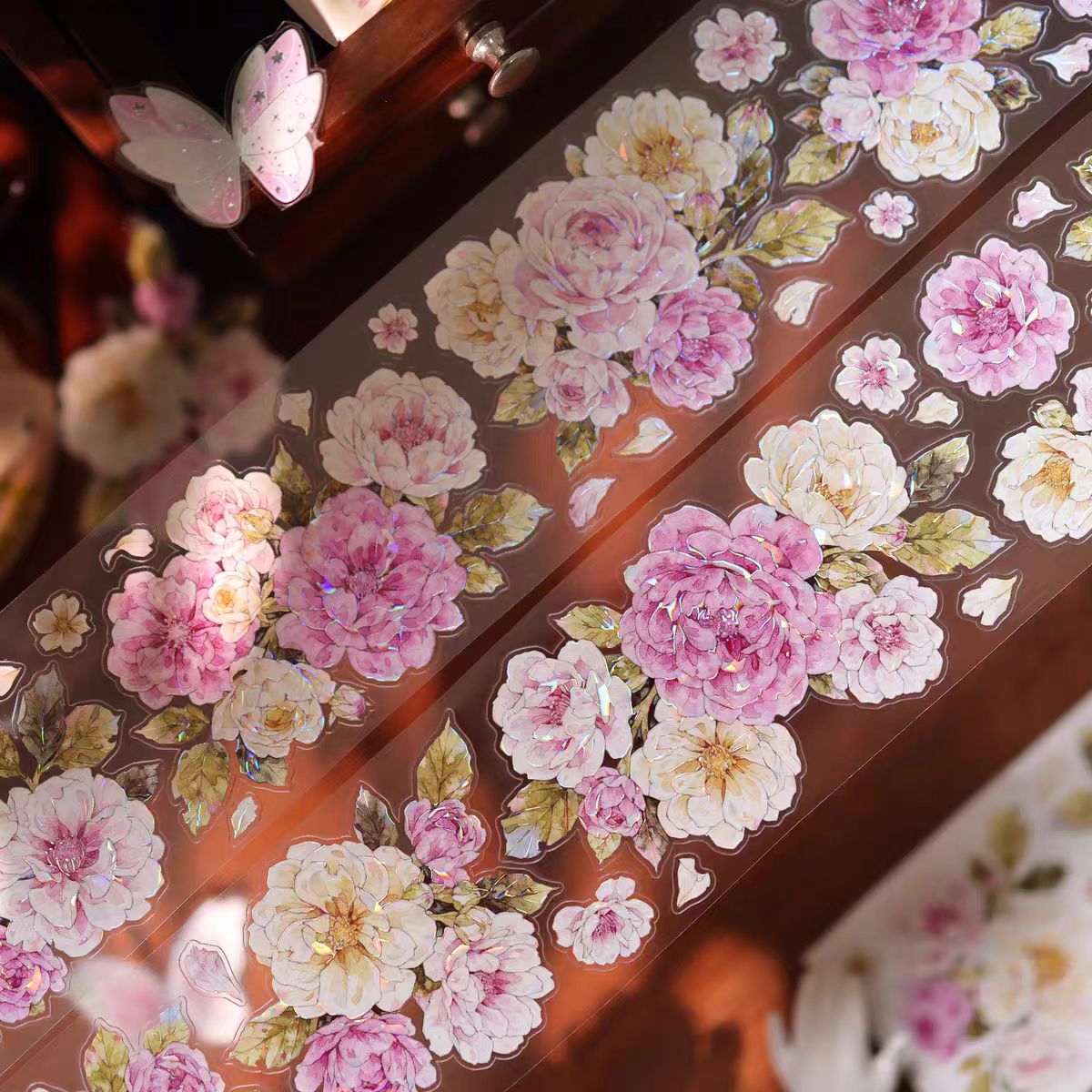 Floral Pattern Pre-cut Washi & PET Tape Set - Decorative Adhesive Tape for Journaling, Scrapbooking & Craft Projects