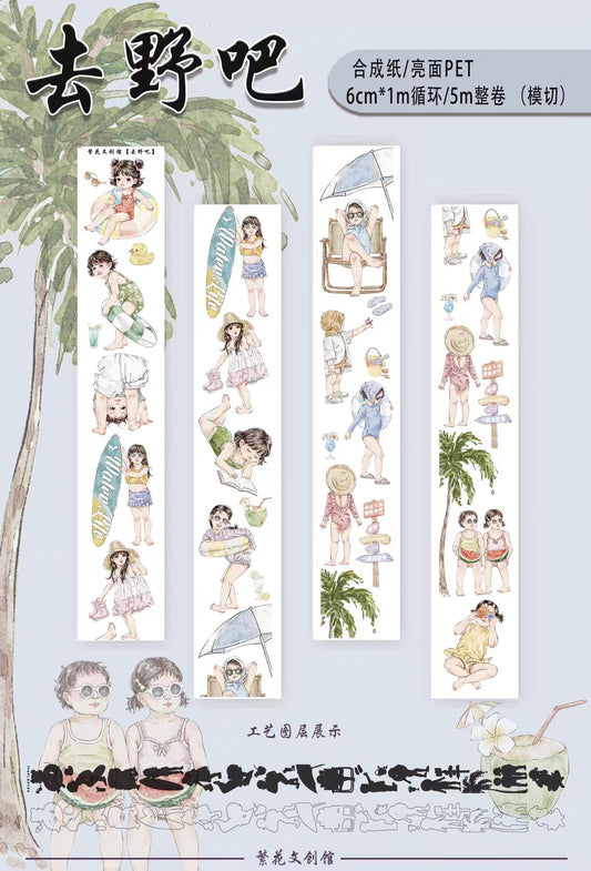 Journal pre-cut tape (Cute and playful characters for a summer beach setting）6cm*5m/roll