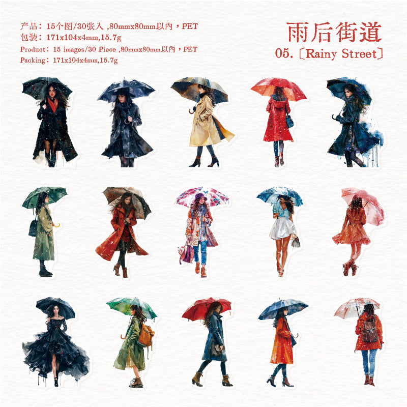 Journal sticker packs (Girl walking in the rain)